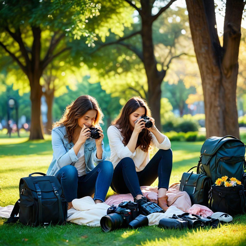 A romantic scene of a couple taking photos together in a sunlit park, surrounded by beautiful nature. In the foreground, there's a detailed display of various photography equipment like cameras, lenses, and bags, with a sense of protection around them, perhaps a soft glow or a shield-like effect. Soft bokeh lights enhance the love theme, while capturing the essence of photography. vibrant colors. super-realistic.