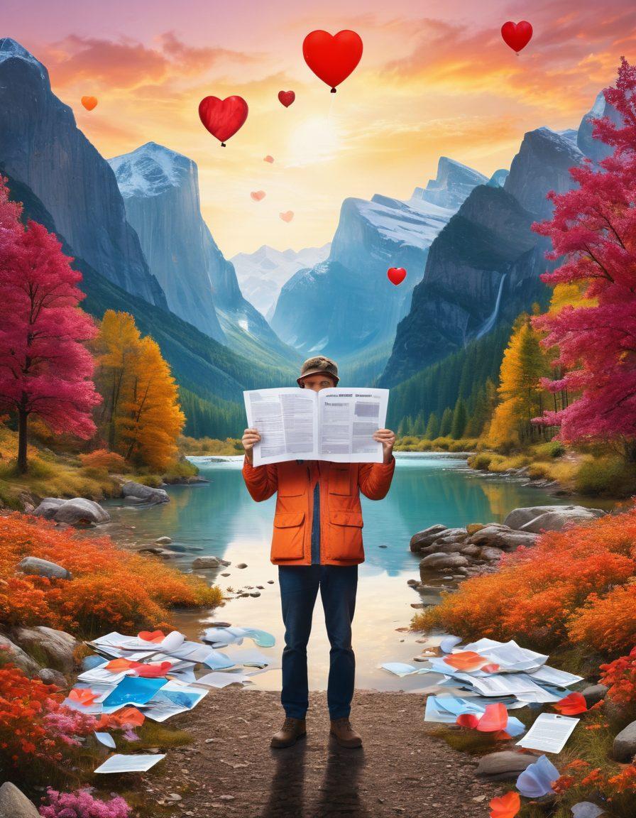 A creative collage featuring a photographer with a camera in hand, surrounded by various insurance policy documents floating around, symbolizing protection and security. Include images of vibrant lenses reflecting love symbols, like hearts, and a stunning outdoor backdrop capturing the essence of photography. The mood should be upbeat and inspiring, showcasing the journey of photographers with their equipment. super-realistic. vibrant colors. soft focus.