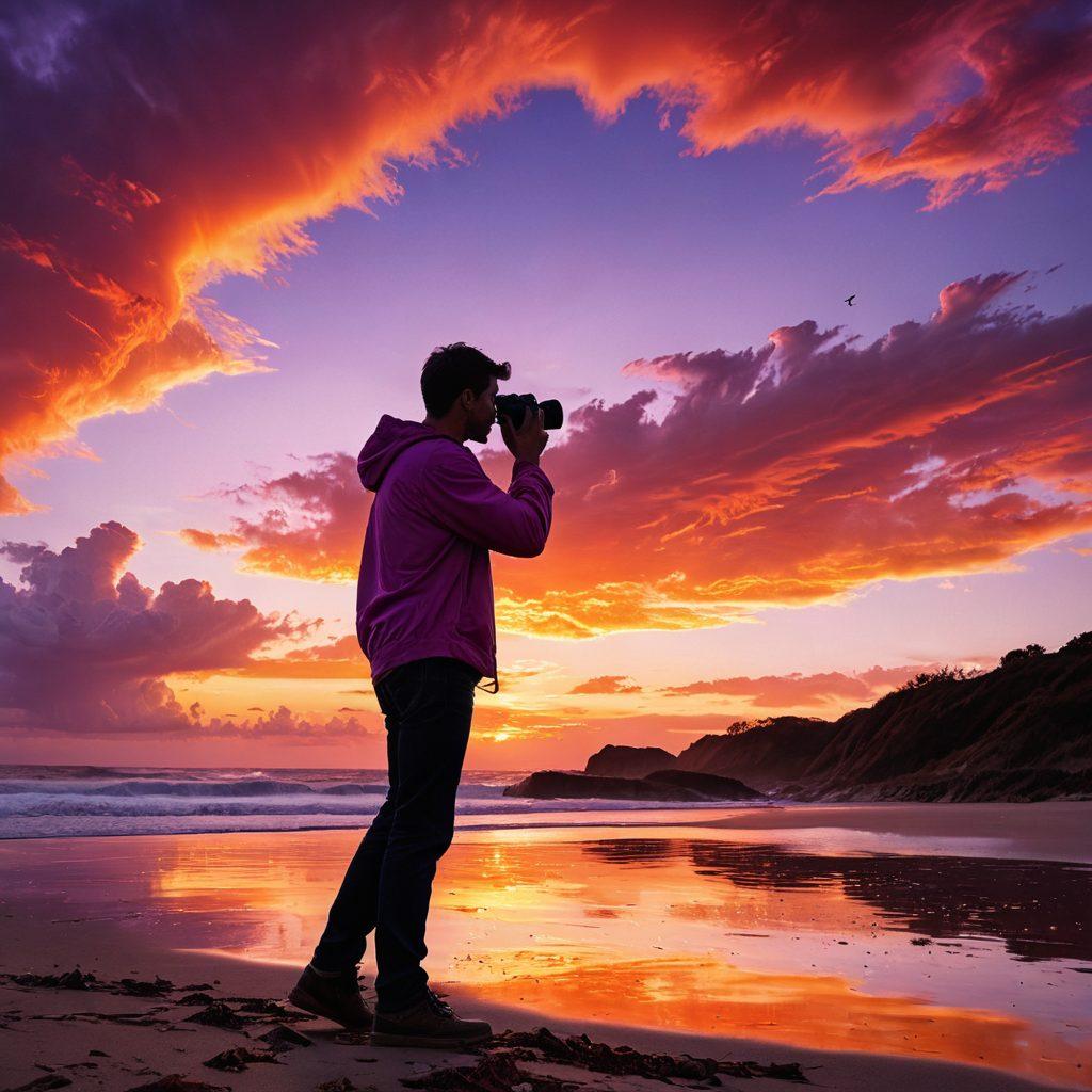 A captivating moment of a photographer in action, capturing a stunning sunset with a camera. Surrounding him are images of insurance policies transforming into protective shields, symbolizing safety for dreams. The scene conveys emotion and passion for photography, with vibrant colors reflecting the beauty of the sunset. Emphasize the sense of security and creative freedom. super-realistic. vibrant colors. 3D.